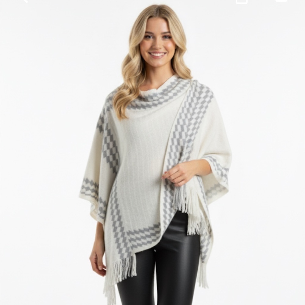 Knit sweater poncho with fringe one size